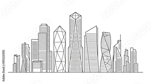 Futuristic City Skyline Outline with Iconic and Angular Skyscrapers on Isolated White Background