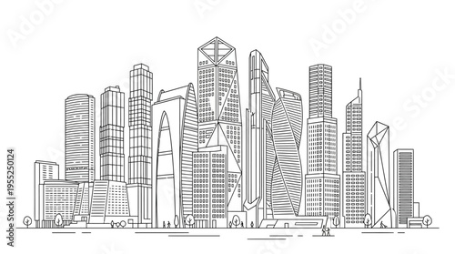 Panoramic City Skyline Outline with Diverse Modern Skyscrapers on Isolated White Background