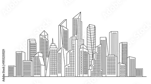 Modern City Skyline Line Art Vector Illustration with Diverse Architecture on Isolated White Background