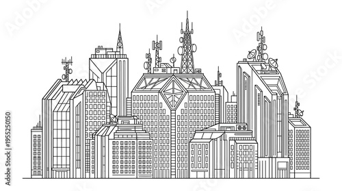 Highly Detailed Futuristic City Skyline Outline with Dominant Antenna Structures on Isolated White Background