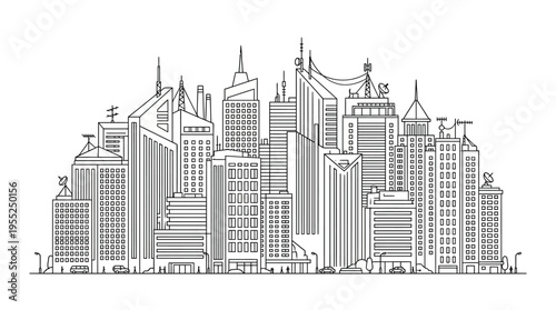 Complex Futuristic City Skyline Outline with Many Antennas on Isolated White Background