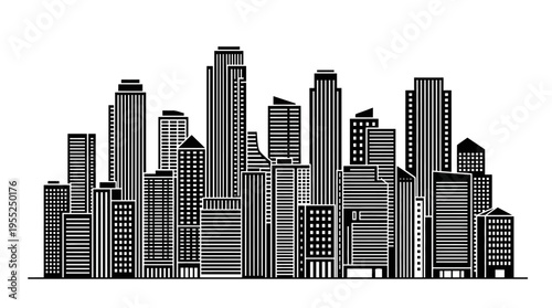 Solid Black Silhouette City Skyline with Varied Buildings on Isolated White Background