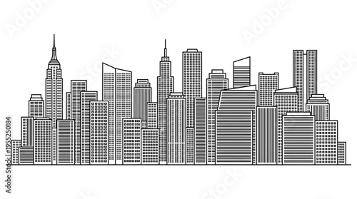 Iconic City Skyline Outline with Striped Buildings on Isolated White Background