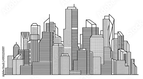 Wide City Skyline View with Modern Buildings and Urban Landscape Line Art on Isolated White Background