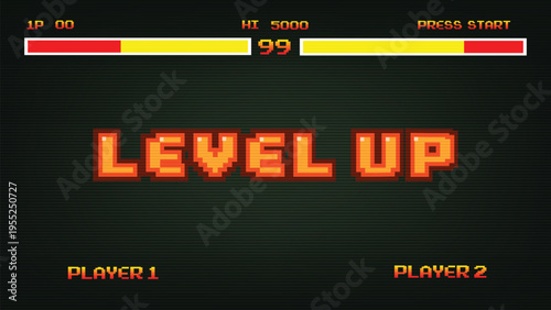Pixel art game level up background.Video game level up background. Retro 8 bit video game interface with You Win text, computer game level up background.	