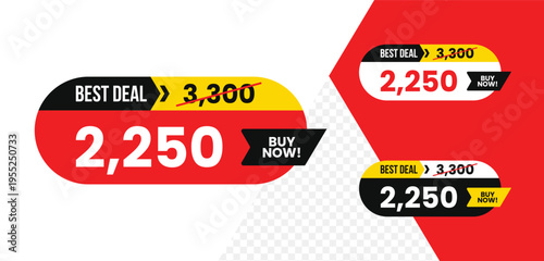 Price before and after modern rounded sale banner with ribbon and big discount price tag, crossed old price, and best deal buy now words isolated on white background. Vector Illustration