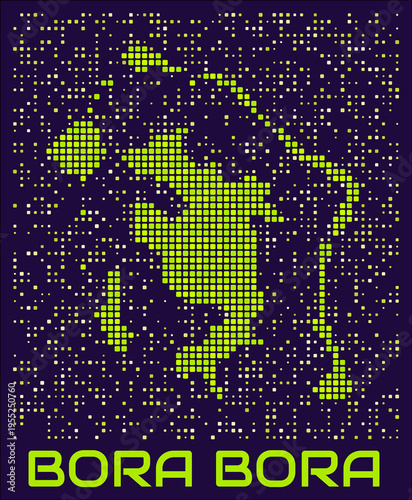 Bora Bora dots map. French Polynesia. Digital style shape of the island. Map and title lime colored square dots with round corners. Modern Vector Illustration.