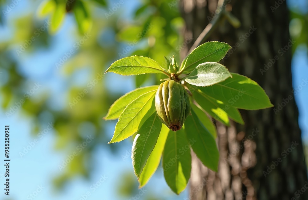 Naklejka premium Pecan tree branch with green young nut and vibrant leaves. Close-up view of tree trunk and soft blue sky background. Part of plant growth cycle detail.