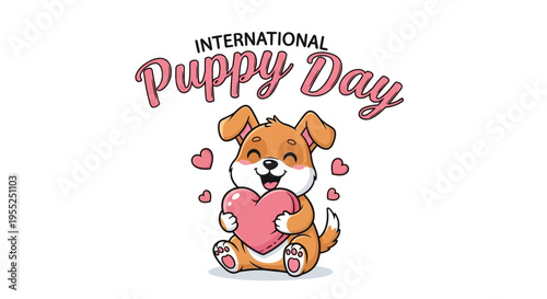 Vector illustration of an adorable puppy holding a heart on International Puppy Day with cute design elements and heart shapes around it on a white background.