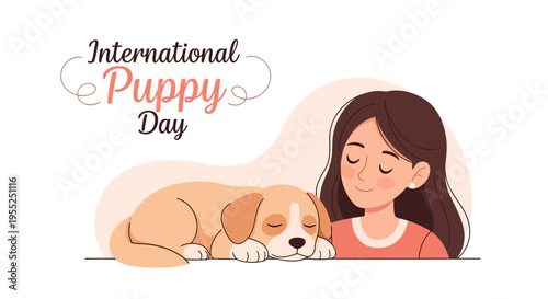 A woman with long brown hair lies beside a cute puppy on a white background, celebrating International Puppy Day with a joyful and playful mood in a colorful illustration.