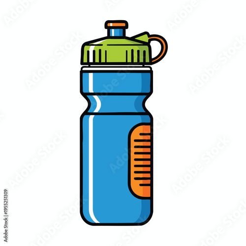A blue, contoured water bottle with a green lid and orange accents