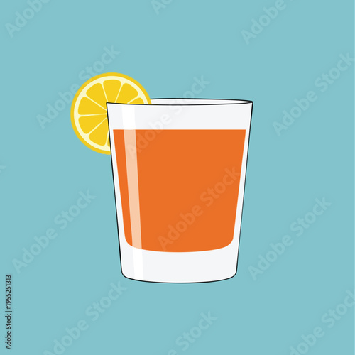 A clear glass contains orange liquid and a lemon slice garnish on a blue background
