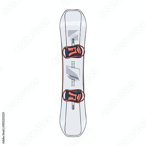 A top-down view of a white snowboard with pink and navy bindings