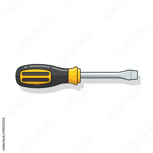 A flathead screwdriver with a black and yellow handle and silver shaft