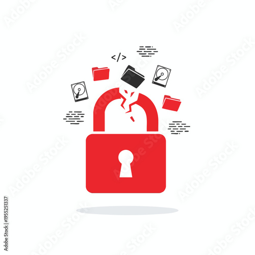 A cracked red padlock surrounded by scattered digital data icons