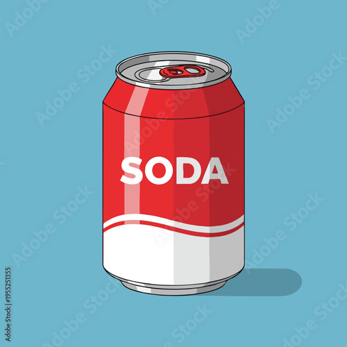A red and white soda can with the word "SODA" in white text