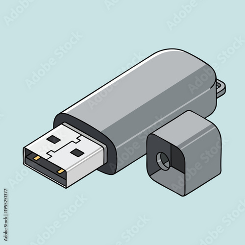 Gray USB drive with detached cap, isolated on pale blue