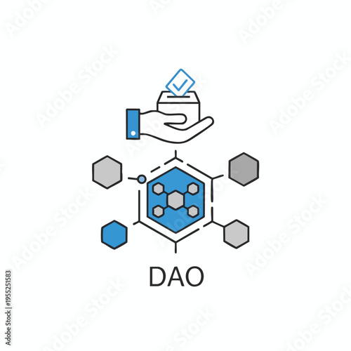 Hand casts vote into ballot box above decentralized network of hexagons