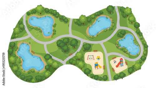 Park map illustration showing lakes, walking paths, trees, and a playground area