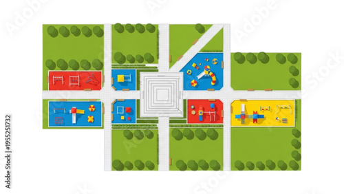 Vibrant flat design illustration of a planned urban park featuring multiple recreational playgrounds