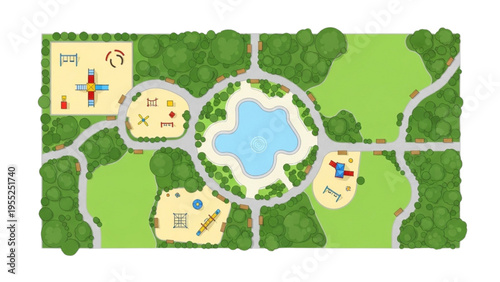 Top-down view of a recreational park with a pond, playgrounds, and walking paths
