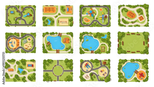 Top-down views of various park and playground designs a collection of urban recreational layouts