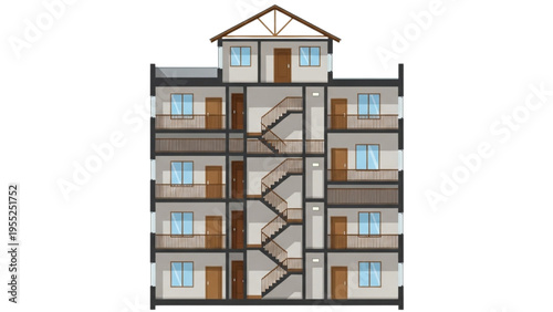 Detailed cross-section view of a multi-story residential building showing interior layout and architectural structure