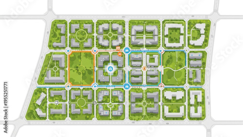 Urban planning concept showing green spaces and residential blocks in a bird's-eye view