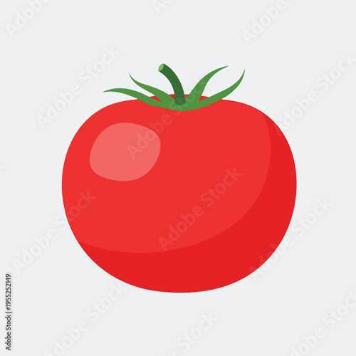 A vibrant red tomato with a green stem and leaves, set against a light gray background