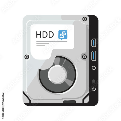 Detailed illustration of a silver hard disk drive with ports and a power icon