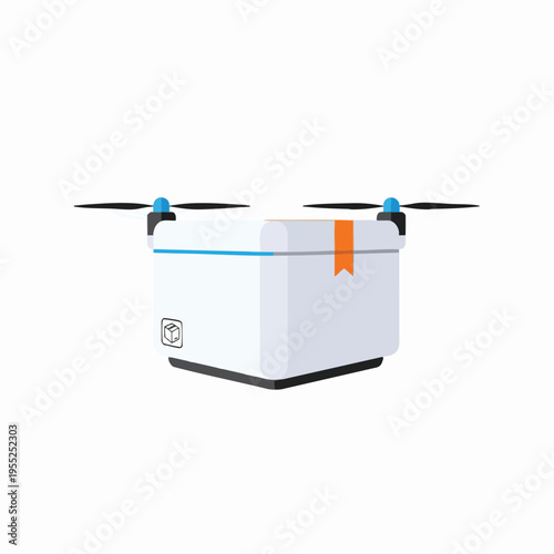 White delivery drone with package, blue lights, and orange ribbon