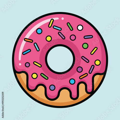 A brightly colored, cartoon-style donut with pink frosting and sprinkles