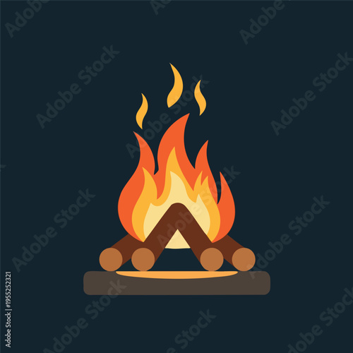 A simplistic illustration of a campfire with glowing flames and stacked logs on a dark background