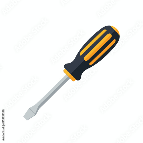A flat design illustration of a Phillips head screwdriver with a black and yellow striped handle
