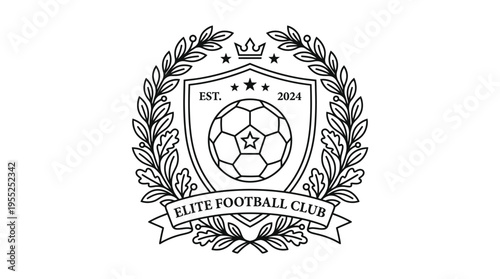 Elite Football Club Badge with Soccer Ball, Crown, and Laurel Wreath Emblem on Isolated White Background