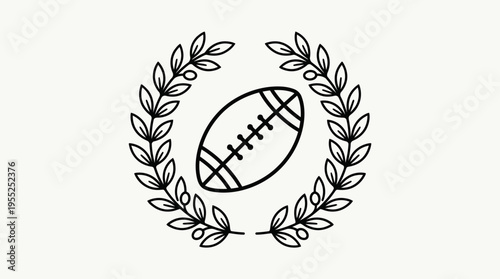 Bold American Football Rugby Ball Laurel Wreath Graphic Outline on isolated white background