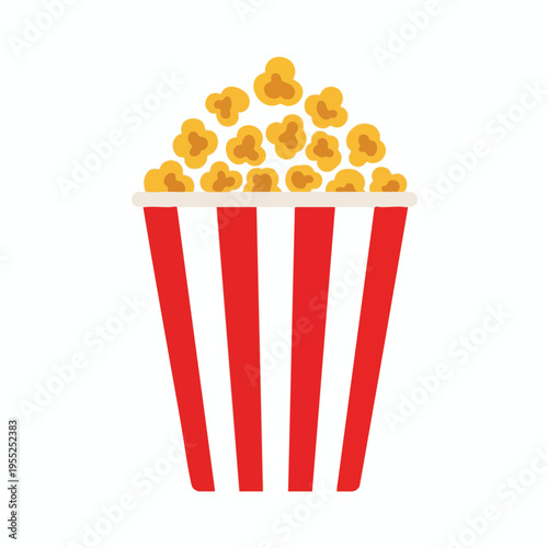 A full bucket of popcorn with red and white stripes
