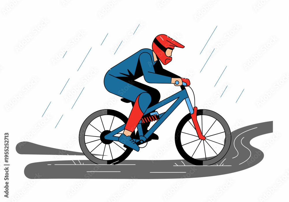 Fototapeta premium Full suspension mountain bike rider cycling in heavy rain