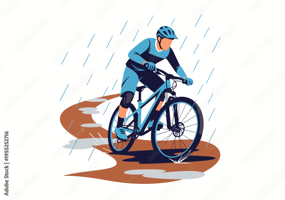 Obraz premium Cyclist navigating puddles on mountain bike trail in rainy weather