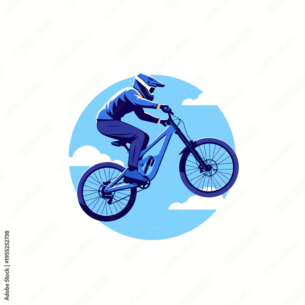 Fototapeta premium Action silhouette of mountain biker jumping against blue sky