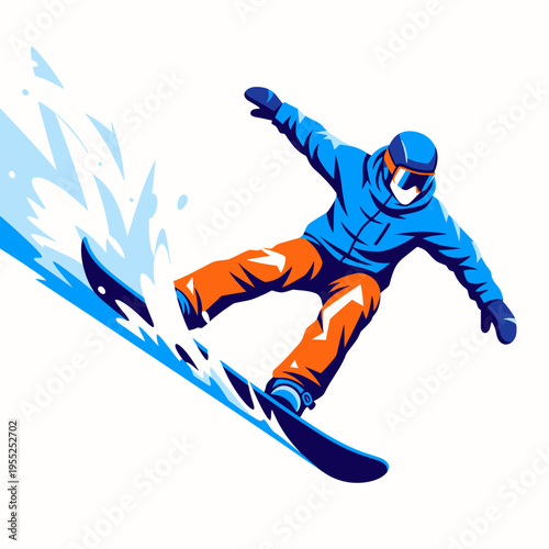 Dynamic snowboarder in blue jacket gliding on fresh powder snow