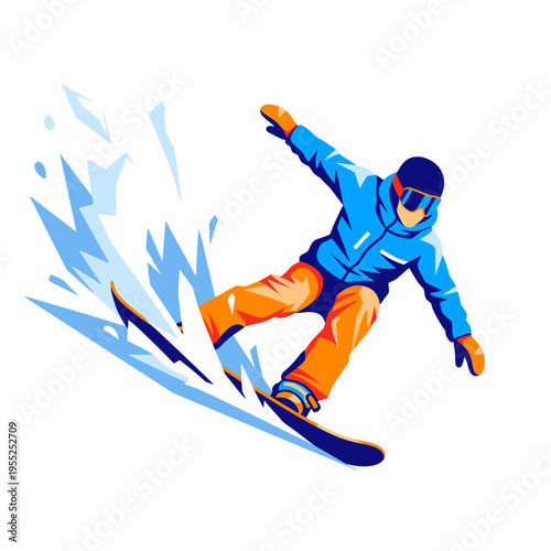 Snowboarder performing extreme jump with snow splash effect