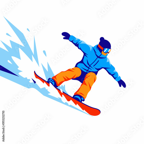 Snowboarder descending steep mountain with orange trousers