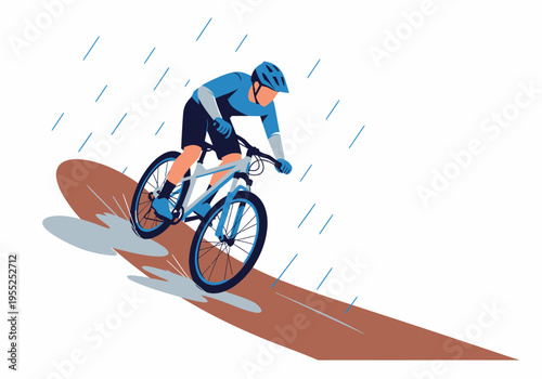 Mountain biker riding fast on mud trail during rain