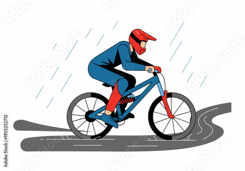 Full suspension mountain bike rider cycling in heavy rain