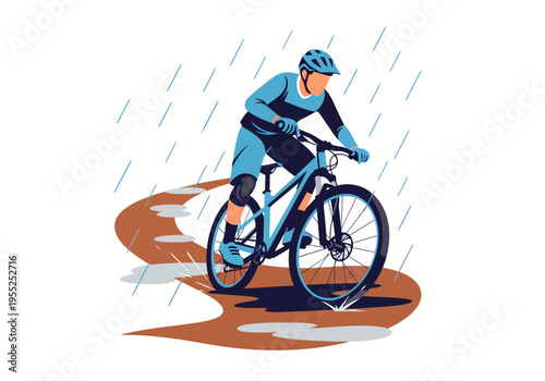 Cyclist navigating puddles on mountain bike trail in rainy weather