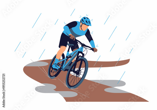 Professional cyclist navigating through puddles on wet mountain trail