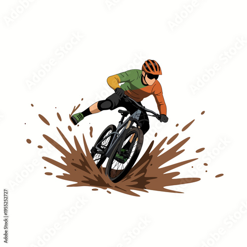 Dynamic mountain bike racer performing kick out stunt in mud