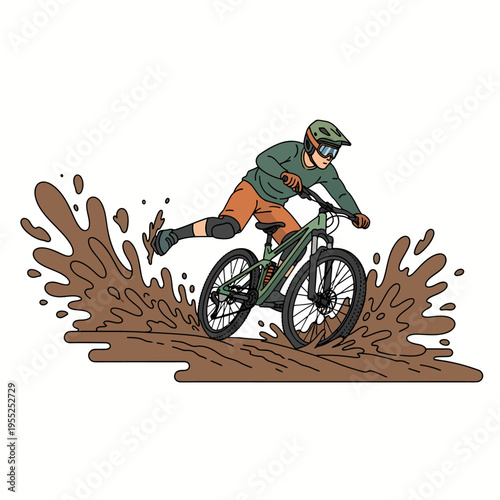 Line art illustration of mtb cyclist jumping through mud puddle