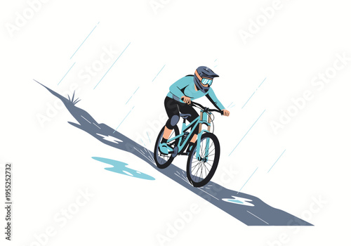 Downhill mountain biker speeding down wet road in rain